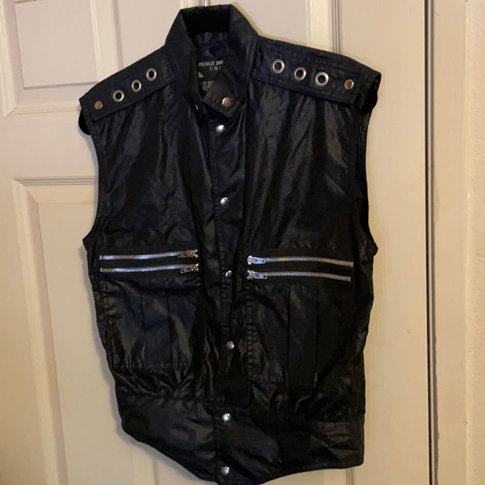 Vintage Bugle Boy Co. USA Black motorcycle style Vest small nylon/Cotton/poly